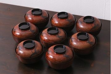 アンティーク雑貨　大正昭和初期　縁起の良い鶴が描かれた上品な木製碗8客セット(漆器、お椀、和食器)(R-039371)