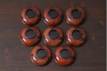 アンティーク雑貨　大正昭和初期　縁起の良い鶴が描かれた上品な木製碗8客セット(漆器、お椀、和食器)(R-039371)