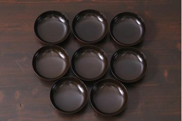 アンティーク雑貨　大正昭和初期　縁起の良い鶴が描かれた上品な木製碗8客セット(漆器、お椀、和食器)(R-039371)