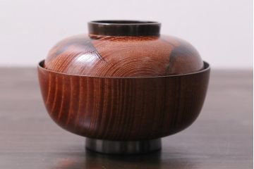 アンティーク雑貨　大正昭和初期　縁起の良い鶴が描かれた上品な木製碗8客セット(漆器、お椀、和食器)(R-039371)
