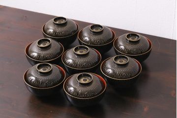 アンティーク雑貨　和製アンティーク　網紋木製蓋付椀8客セット(お椀、漆器)(R-039372)