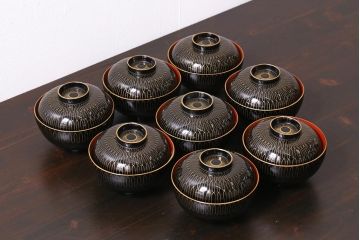 アンティーク雑貨　和製アンティーク　網紋木製蓋付椀8客セット(お椀、漆器)(R-039372)