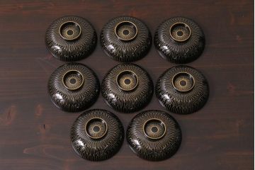アンティーク雑貨　和製アンティーク　網紋木製蓋付椀8客セット(お椀、漆器)(R-039372)