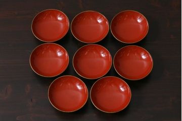 アンティーク雑貨　和製アンティーク　網紋木製蓋付椀8客セット(お椀、漆器)(R-039372)