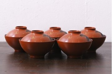 アンティーク雑貨　和製アンティーク　松蒔絵木製蓋付椀5客セット(お椀、漆器)(R-039373)