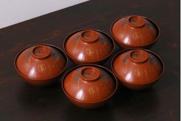 アンティーク雑貨　和製アンティーク　松蒔絵木製蓋付椀5客セット(お椀、漆器)(R-039373)
