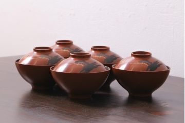 アンティーク雑貨　和製アンティーク　松蒔絵木製蓋付椀5客セット(お椀、漆器)(R-039373)