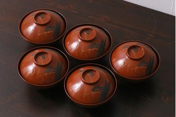 アンティーク雑貨　和製アンティーク　松蒔絵木製蓋付椀5客セット(お椀、漆器)(R-039373)