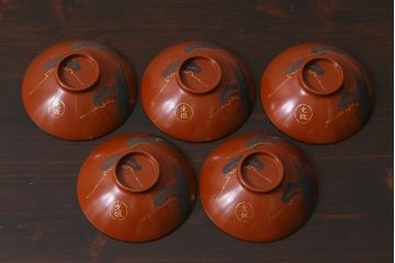 アンティーク雑貨　和製アンティーク　松蒔絵木製蓋付椀5客セット(お椀、漆器)(R-039373)