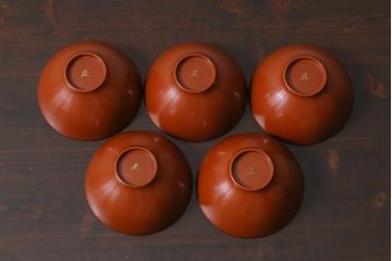アンティーク雑貨　和製アンティーク　松蒔絵木製蓋付椀5客セット(お椀、漆器)(R-039373)