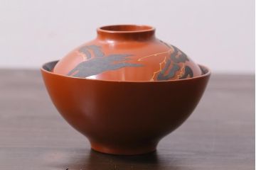 アンティーク雑貨　和製アンティーク　松蒔絵木製蓋付椀5客セット(お椀、漆器)(R-039373)