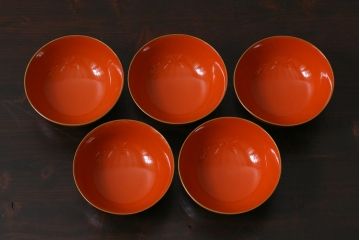 アンティーク雑貨　和製アンティーク　鶴・松　縁起の良い沈金蒔絵の木製椀5客セット(蓋付き椀、漆器、和食器)(R-039374)