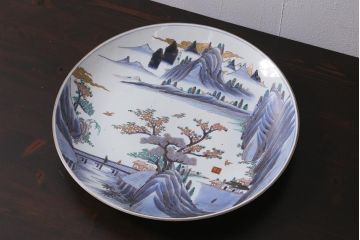 アンティーク雑貨　江戸期　色絵染付　山水図　一尺五寸　大皿(R-039376)