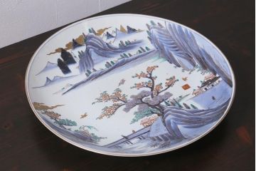 アンティーク雑貨　江戸期　色絵染付　山水図　一尺五寸　大皿(R-039376)