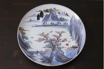 アンティーク雑貨　江戸期　色絵染付　山水図　一尺五寸　大皿(R-039376)