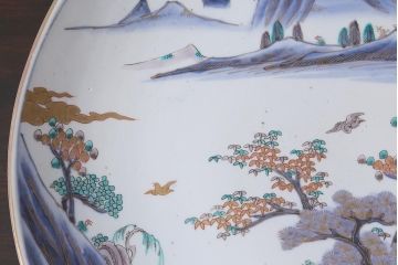 アンティーク雑貨　江戸期　色絵染付　山水図　一尺五寸　大皿(R-039376)