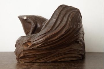 ビンテージ雑貨　和製ビンテージ　明治大正期　かえるの置物(木彫り、民芸品)(R-039410)