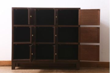 ラフジュ工房オリジナル　3×3マス　古材リメイク　ヒノキ無垢材・ラワン古材　レトロな雰囲気漂うマス目棚・右開き(収納棚、ロッカー、下駄箱)(R-039411)