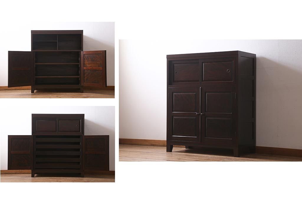 当店リメイク家具 松本民芸家具 衣装盆・棚 2WAY脚付キャビネット(和タンス、戸棚、収納棚、着物箪笥)(R-039443)