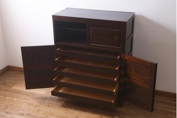 当店リメイク家具 松本民芸家具 衣装盆・棚 2WAY脚付キャビネット(和タンス、戸棚、収納棚、着物箪笥)(R-039443)