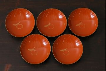 アンティーク雑貨　和製アンティーク　漆器　迫力ある海老の図柄が描かれた木製椀5客セット(和食器)(R-039463)