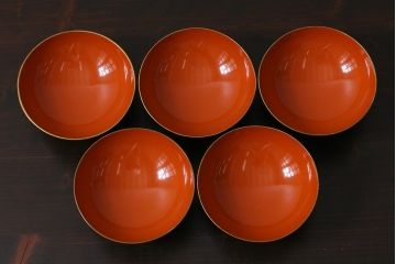アンティーク雑貨　和製アンティーク　漆器　迫力ある海老の図柄が描かれた木製椀5客セット(和食器)(R-039463)