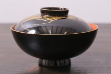 アンティーク雑貨　和製アンティーク　漆器　迫力ある海老の図柄が描かれた木製椀5客セット(和食器)(R-039463)