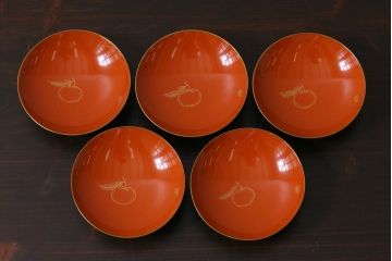 アンティーク雑貨　和製アンティーク　漆器　迫力ある海老の図柄が描かれた木製椀5客セット(和食器)(R-039464)