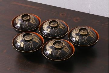 アンティーク雑貨　和製アンティーク　漆器　迫力ある海老の図柄が描かれた木製椀5客セット(和食器)(R-039465)