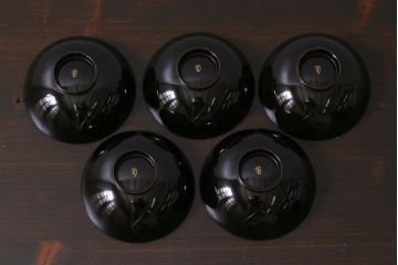 アンティーク雑貨　和製アンティーク　漆器　迫力ある海老の図柄が描かれた木製椀5客セット(和食器)(R-039465)