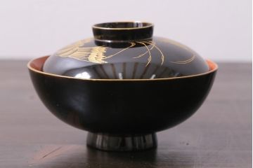 アンティーク雑貨　和製アンティーク　漆器　迫力ある海老の図柄が描かれた木製椀5客セット(和食器)(R-039465)