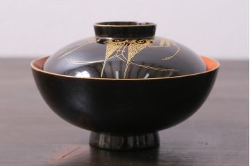 アンティーク雑貨　和製アンティーク　漆器　迫力ある海老の図柄が描かれた木製椀5客セット(和食器)(R-039465)
