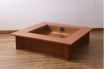 ビンテージ　民芸家具　ケヤキ材　迫力のある杢目の流れが見事な囲炉裏(長火鉢、座卓、ローテーブル)(R-039468)