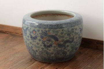 アンティーク雑貨　大正昭和初期　龍と鳳凰の図が大胆に描かれた瀬戸火鉢(鉢カバー)(R-039477)