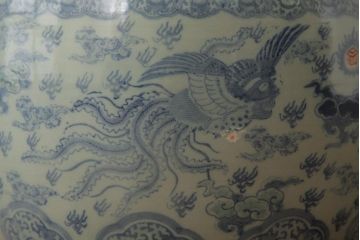 アンティーク雑貨　大正昭和初期　龍と鳳凰の図が大胆に描かれた瀬戸火鉢(鉢カバー)(R-039477)