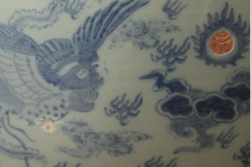アンティーク雑貨　大正昭和初期　龍と鳳凰の図が大胆に描かれた瀬戸火鉢(鉢カバー)(R-039477)