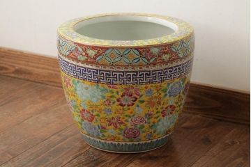 アンティーク雑貨　花々の図が鮮やかな十錦手火鉢(瀬戸火鉢)(R-039484)