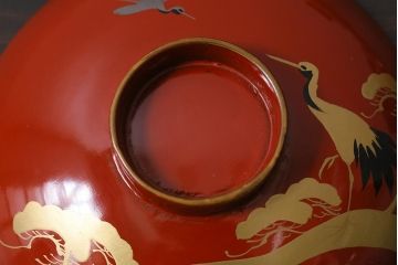 アンティーク雑貨　和製アンティーク　松・鶴図柄　縁起物の蒔絵が美しい木製椀5客セット(漆器、和食器)(R-039489)