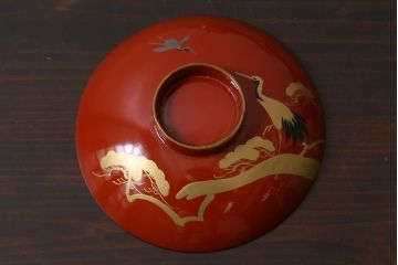アンティーク雑貨　和製アンティーク　松・鶴図柄　縁起物の蒔絵が美しい木製椀5客セット(漆器、和食器)(R-039490)
