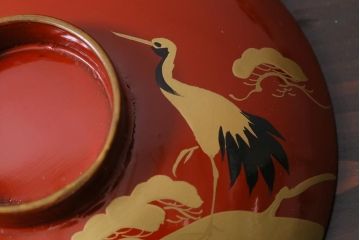 アンティーク雑貨　和製アンティーク　松・鶴図柄　縁起物の蒔絵が美しい木製椀5客セット(漆器、和食器)(R-039490)
