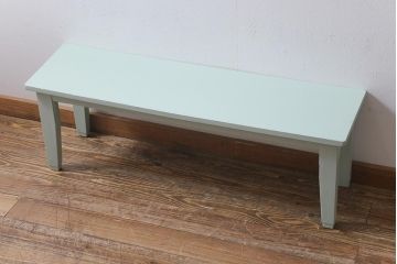 ビンテージ家具　当店ペイント　昭和初期　ミントグリーン　ペイントカラーが爽やかなベンチ(椅子、板座チェア、飾り棚)(R-039493)