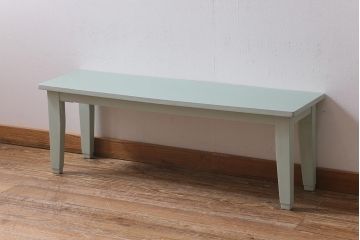 ビンテージ家具　当店ペイント　昭和初期　ミントグリーン　ペイントカラーが爽やかなベンチ(椅子、板座チェア、飾り棚)(R-039493)