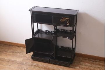 アンティーク家具　和製アンティーク　在銘　静竹斎　唐木　花鳥図柄　螺鈿と蒔絵の装飾が上品な茶棚(飾り棚、収納棚)(R-039508)