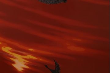 中古　漆塗り　象谷塗・蒟醤(キンマ)塗　鶴身広堂作　夕焼紅葉図　朱と黒のコントラストが印象的なつい立て(衝立、パーテーション)(R-039535)