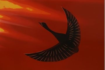 中古　漆塗り　象谷塗・蒟醤(キンマ)塗　鶴身広堂作　夕焼紅葉図　朱と黒のコントラストが印象的なつい立て(衝立、パーテーション)(R-039535)