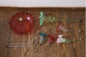 フランスアンティーク　ビクトリア朝　glass Epergne　ワセリンガラス　華やかなガラス製のセンターピース(テーブルウェア、オブジェ)(R-039549)