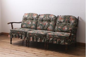 中古　飛騨産業　キツツキ　穂高シリーズ　絵画のようなファブリックが素敵な3人掛けソファ(アームソファ)(R-039570)