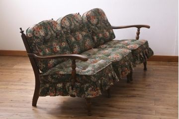 中古　飛騨産業　キツツキ　穂高シリーズ　絵画のようなファブリックが素敵な3人掛けソファ(アームソファ)(R-039570)