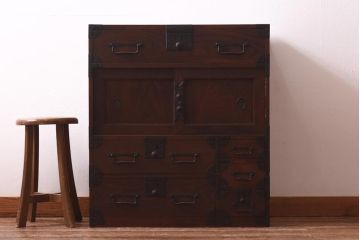 アンティーク家具　和製アンティーク　明治大正期　三方ケヤキ材　新潟県産　上手物!　上質な和の趣漂う帳場箪笥(和タンス、時代箪笥、収納棚、引き出し)(R-039576)