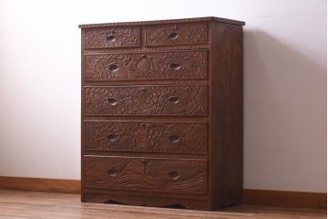 ビンテージ家具　中古　伝統工芸　軽井沢彫り　和空間を高める桜の浮き彫りのビンテージチェスト(引き出し)(R-039629)